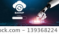 Futuristic robotic hand performing data backup with a loading bar and cloud symbol representing technology, progress, and digital storage concepts Ledger 139368224