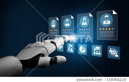 Robotic Hand Interacting with Digital Profiles and Ratings in a Futuristic Interface for Human Resources and Assessment Applications Ledger Robotic Hand Interacting with Digital Profiles and Ratings in a Futuristic Interface for Human Resources and Assessment Applications Ledger 139368228