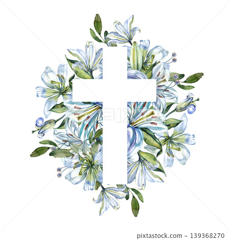 Elegant watercolor illustration featuring a white Christian cross silhouette surrounded by blooming blue lilies and green leaves. This hand drawn spiritual artwork is perfect for Easter, baptism, and 139368270