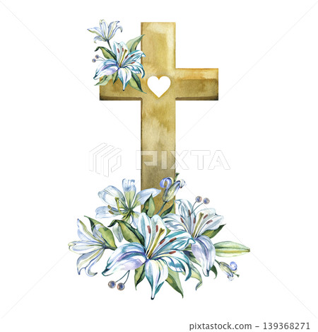 Elegant watercolor illustration featuring a golden Christian cross decorated with blooming blue lilies and a heart symbol. This hand drawn spiritual artwork is perfect for Easter, baptism, and wedding 139368271