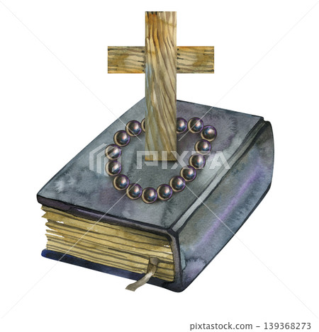 An elegant hand-drawn watercolor illustration of a religious composition featuring a wooden cross, a closed old Bible, ideal for spiritual or commemorative designs. An elegant hand-drawn watercolor illustration of a religious composition featuring a wooden cross, a closed old Bible, ideal for spiritual or commemorative designs. 139368273