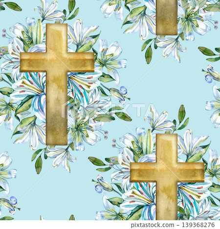 Elegant seamless pattern with golden Christian crosses and hand drawn watercolor blue lilies. Artistic religious floral design perfect for Easter, baptism, weddings, and spiritual stationery. Elegant seamless pattern with golden Christian crosses and hand drawn watercolor blue lilies. Artistic religious floral design perfect for Easter, baptism, weddings, and spiritual stationery. 139368276