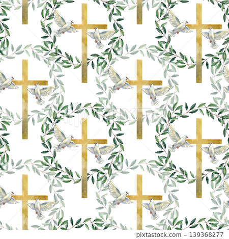 Watercolor hand drawn seamless pattern with golden Christian crosses, white flying doves, and green olive leaf wreaths. A religious spiritual ornament representing peace, faith, and the Holy Spirit. Watercolor hand drawn seamless pattern with golden Christian crosses, white flying doves, and green olive leaf wreaths. A religious spiritual ornament representing peace, faith, and the Holy Spirit. 139368277