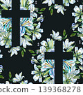 Elegant seamless pattern featuring a white Christian cross surrounded by hand drawn watercolor blue lilies and green leaves. Perfect for Easter, baptism, wedding stationery, and religious events. 139368278
