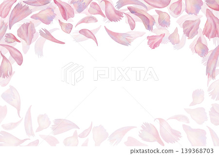 Soft watercolor peony petals of romantic pink and lilac tone in light floral frame. Detailed botanical clipart with delicate layered petals for wedding design, invitations, branding, greeting card. Soft watercolor peony petals of romantic pink and lilac tone in light floral frame. Detailed botanical clipart with delicate layered petals for wedding design, invitations, branding, greeting card. 139368703