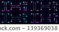 Neon dotted and line arrow set, various vector gradient luminescent outline navigation signs. Linear hologram symbols of up, down, right and left direction. Forward, backward, straight, sideways paths 139369038
