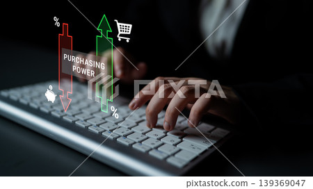 Hands Typing on Keyboard with Graphical Indicators of Purchasing Power and Shopping Cart Illustrating Online Consumer Behavior and Market Trends Haptic Hands Typing on Keyboard with Graphical Indicators of Purchasing Power and Shopping Cart Illustrating Online Consumer Behavior and Market Trends Haptic 139369047