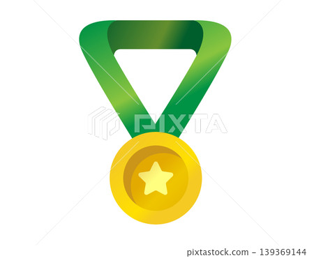 Golden medal with green ribbon and star symbol for achievement and success Golden medal with green ribbon and star symbol for achievement and success 139369144
