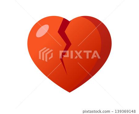 A vibrant red heart symbol icon is broken in half with a jagged crack down the middle A vibrant red heart symbol icon is broken in half with a jagged crack down the middle 139369148
