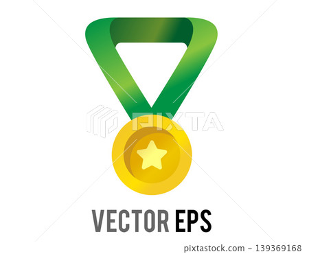 Golden medal with green ribbon and star symbol for achievement and success 139369168