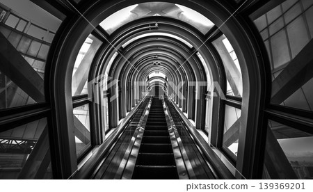 Monochromatic escalator ascending through a futuristic architectural tunnel with repeating arches Monochromatic escalator ascending through a futuristic architectural tunnel with repeating arches 139369201