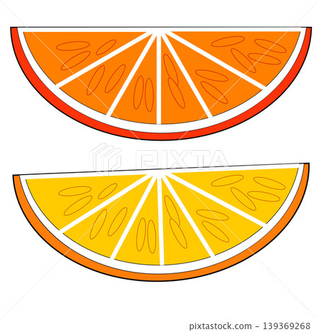 slice and segment of juicy orange and lemon. Fresh cartoon citrus fruits slice and segment of juicy orange and lemon. Fresh cartoon citrus fruits 139369268