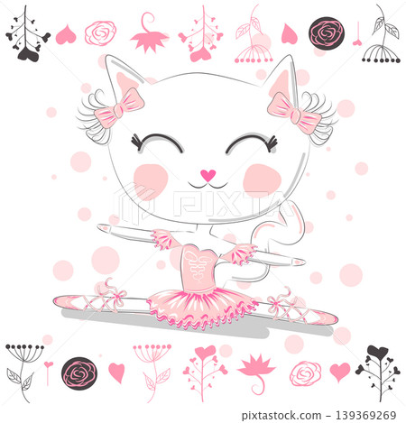 Hand drawn beautiful, lovely, little ballerina with cat. Hand drawn beautiful, lovely, little ballerina with cat. 139369269