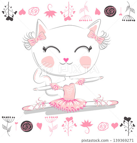 Cute dancing cat ballerina in tutu. Cartoon hand drawn. Cute dancing cat ballerina in tutu. Cartoon hand drawn. 139369271