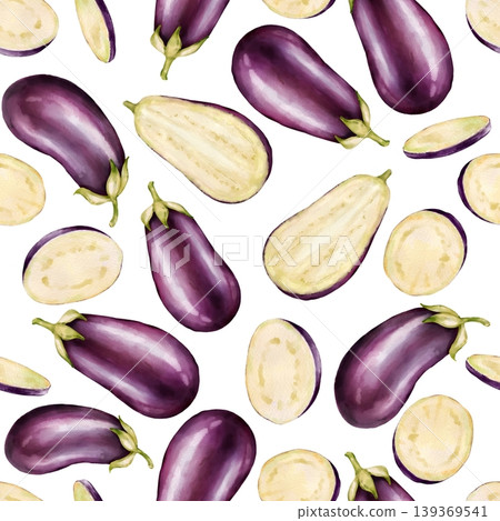 Seamless pattern featuring whole purple eggplants, halves, and cross sections scattered on white background Seamless pattern featuring whole purple eggplants, halves, and cross sections scattered on white background 139369541