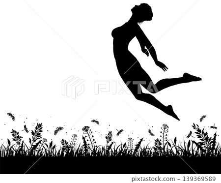 Nature background with silhouette jumping girl Nature background with silhouette jumping girl 139369589