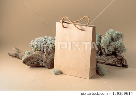 Paper bag and natural dry snags and moss. Paper bag and natural dry snags and moss. 139369614