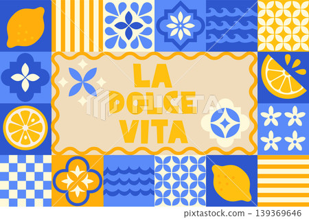 Italian ceramic tile design. Mediterranean porcelain pottery in blue, white, yellow colors. Geometric ethnic ornament. Traditional mediterranean style. Vector illustration for web, banner,flyer,print 139369646