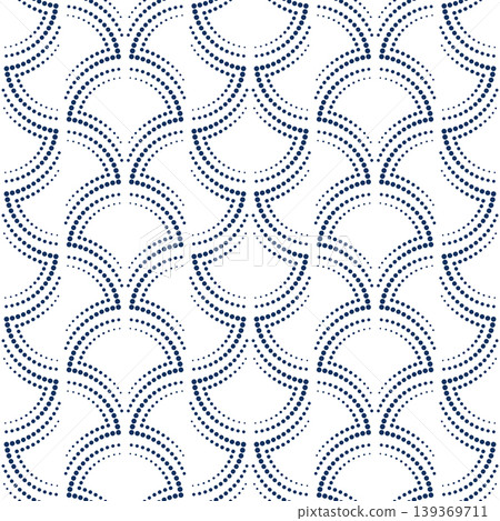Art nouveau seamless pattern of curved dotted lines. Dark blue dots on vintage white background. Geometric art deco ornament. Arch shaped pattern Art nouveau seamless pattern of curved dotted lines. Dark blue dots on vintage white background. Geometric art deco ornament. Arch shaped pattern 139369711