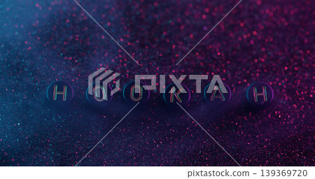 Hookah word. Smoke background. Defocused purple golden neon color fume vapor glitter nicotine texture round letters on bokeh abstraction. 139369720