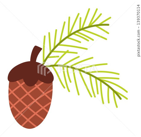 Vector cartoon pinecone with leaf needles clipart. Woodland, forest or garden pine or fir tree fruit icon isolated on white background. Cone picture. Forest nature illustration. Autumn harvest Vector cartoon pinecone with leaf needles clipart. Woodland, forest or garden pine or fir tree fruit icon isolated on white background. Cone picture. Forest nature illustration. Autumn harvest 139370114