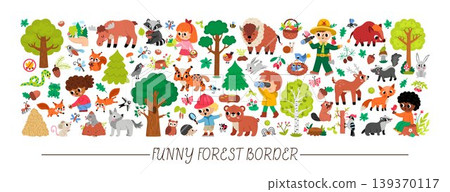 Forest animals horizontal set for kids. Vector woodland birds, insects, trees, plants collection. Cartoon woods wildlife card template. Cute bear, fox, deer, squirrel, ranger clipart, illustration Forest animals horizontal set for kids. Vector woodland birds, insects, trees, plants collection. Cartoon woods wildlife card template. Cute bear, fox, deer, squirrel, ranger clipart, illustration 139370117