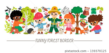 Forest explorers horizontal set for kids. Vector woodland birds, animals, trees, plants collection with curious kids, ranger. Cartoon woods card template. Cute characters clipart, illustration Forest explorers horizontal set for kids. Vector woodland birds, animals, trees, plants collection with curious kids, ranger. Cartoon woods card template. Cute characters clipart, illustration 139370125