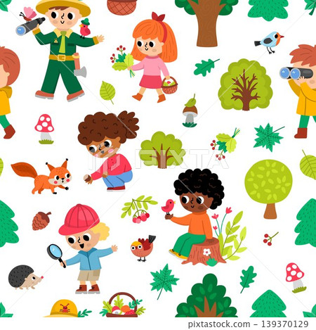 Forest seamless pattern with kids. Vector woodland repeat background with curious children explorers, naturalists, animals, birds, trees, plants, ranger. Cute digital paper. Woods wildlife texture 139370129