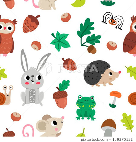 Forest animals seamless pattern for kids. Vector woodland repeat background with birds, insects, plants. Cute mouse, owl, hedgehog, rabbit, acorn digital paper. Woods wildlife texture, illustration 139370131