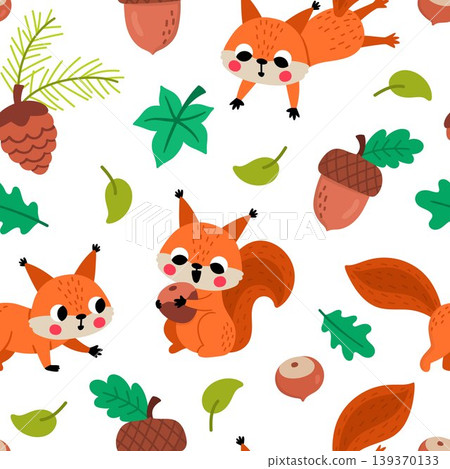 Squirrels seamless pattern for kids. Vector woodland repeat background with forest animals, acorns, nuts, leaves, cones. Cute digital paper with sunny character. Woods wildlife texture, illustration 139370133