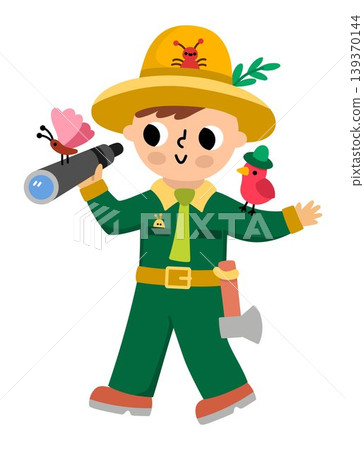 Vector cartoon forest ranger in green costume standing with telescope. Cute woodland guard with bird, butterfly, spyglass isolated on white background. Funny nature defender illustration for kids Vector cartoon forest ranger in green costume standing with telescope. Cute woodland guard with bird, butterfly, spyglass isolated on white background. Funny nature defender illustration for kids 139370144