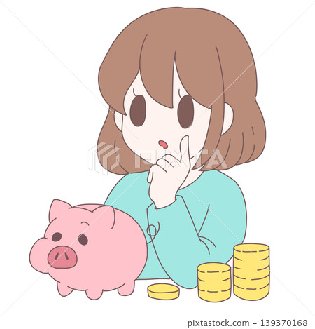 A woman thinking about saving money and a piggy bank - an image of money A woman thinking about saving money and a piggy bank - an image of money 139370168