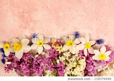 Beautiful flyer with white hyacinths, daffodils and blue muscari. Abstract flower arrangement for screen and design template. Spring card, elegant natural beauty concept, gift for loved ones 139370440