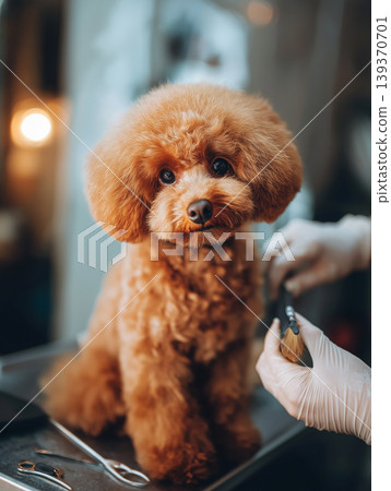 Poodle being groomed on a grooming table in a pet salon. Gloved hands trim fluffy fur with scissors. Poodle being groomed on a grooming table in a pet salon. Gloved hands trim fluffy fur with scissors. 139370701