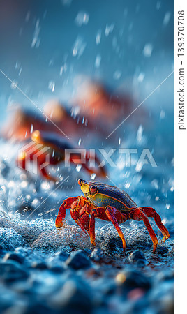 Crab on a rocky shore crawls over wet stones. Blue background and rain create a dramatic moment. 139370708