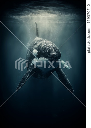 Whale swims toward the ocean. Sunlight filters through blue water to illuminate the whale. Whale swims toward the ocean. Sunlight filters through blue water to illuminate the whale. 139370740