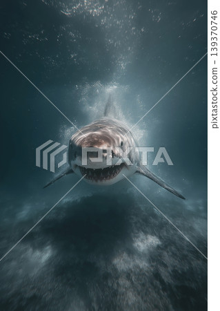 Great white shark swims toward the camera in the ocean. Intense predator approaches in deep blue water. Great white shark swims toward the camera in the ocean. Intense predator approaches in deep blue water. 139370746