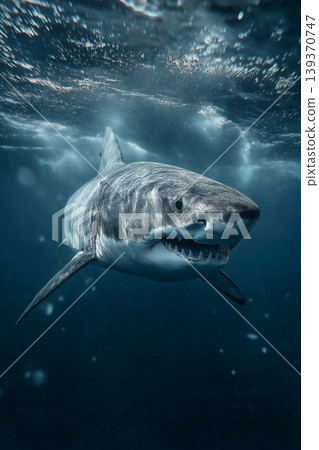 Great white shark swims in the deep blue ocean. Its rows of sharp teeth are visible as it glides forward. Great white shark swims in the deep blue ocean. Its rows of sharp teeth are visible as it glides forward. 139370747
