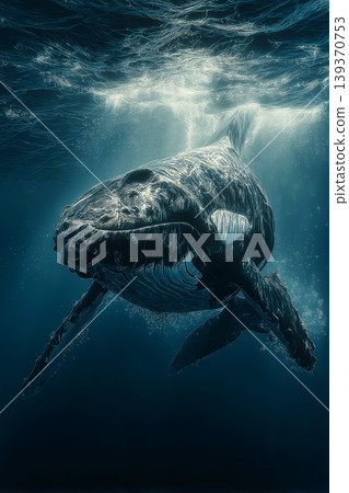 Whale swims through blue ocean. Underwater light reveals bubbles around the whale. 139370753