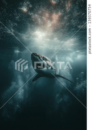 Great white shark swims in dark ocean. Sunlight filters through water above. Great white shark swims in dark ocean. Sunlight filters through water above. 139370754