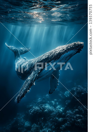 Whale shark glides through blue ocean above a coral reef. Sunlight streams through the water. Whale shark glides through blue ocean above a coral reef. Sunlight streams through the water. 139370755