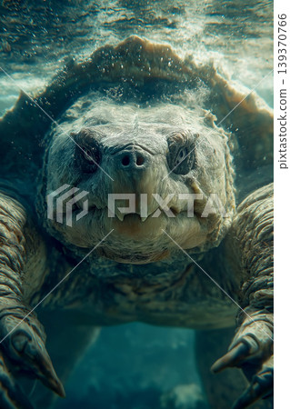 Sea turtle swims toward viewer in ocean. Sunlight filters through turquoise water. 139370766