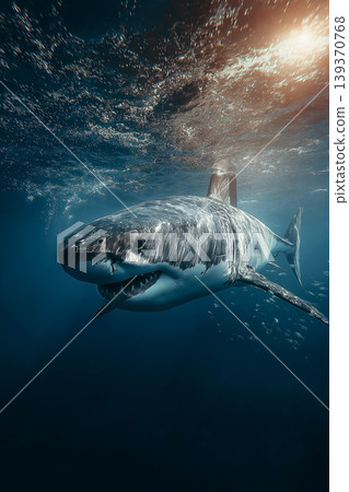 Great white shark swims under the sunlit sea surface. Bubbles rise as sunlight pierces the deep blue water. 139370768
