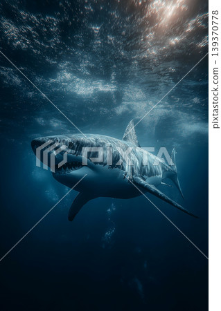 Great white shark swims through blue ocean water. Sunlight filters through the water from above. Great white shark swims through blue ocean water. Sunlight filters through the water from above. 139370778