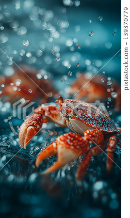 Crab swims in the ocean among bubbles. Vivid red shell contrasts with blue water for a bold close up. Crab swims in the ocean among bubbles. Vivid red shell contrasts with blue water for a bold close up. 139370779