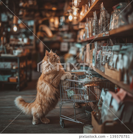 Cat stands on hind legs with paws on a shopping cart in a store aisle. The cat inspects packaged goods under warm lighting. 139370781