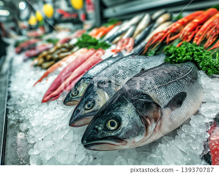 Large fish on ice at a seafood market display. Bright market lights highlight fresh seafood. Large fish on ice at a seafood market display. Bright market lights highlight fresh seafood. 139370787