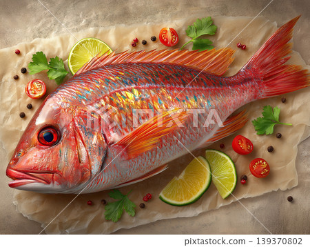 Red fish on parchment rests on a kitchen counter. Lime wedges and herbs add color. 139370802