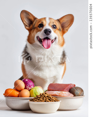 Corgi poses with bowls of food in a studio. Colorful bowls of food surround the happy corgi. Corgi poses with bowls of food in a studio. Colorful bowls of food surround the happy corgi. 139370804