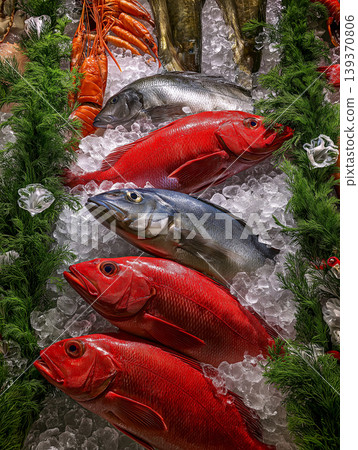Red and silver fish rest on crushed ice at a seafood market display. Bright colors and ice-covered fish attract shoppers. Red and silver fish rest on crushed ice at a seafood market display. Bright colors and ice-covered fish attract shoppers. 139370806